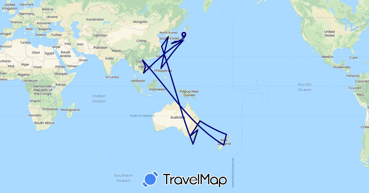 TravelMap itinerary: driving in Australia, China, Japan, South Korea, New Zealand, Philippines, Vietnam (Asia, Oceania)